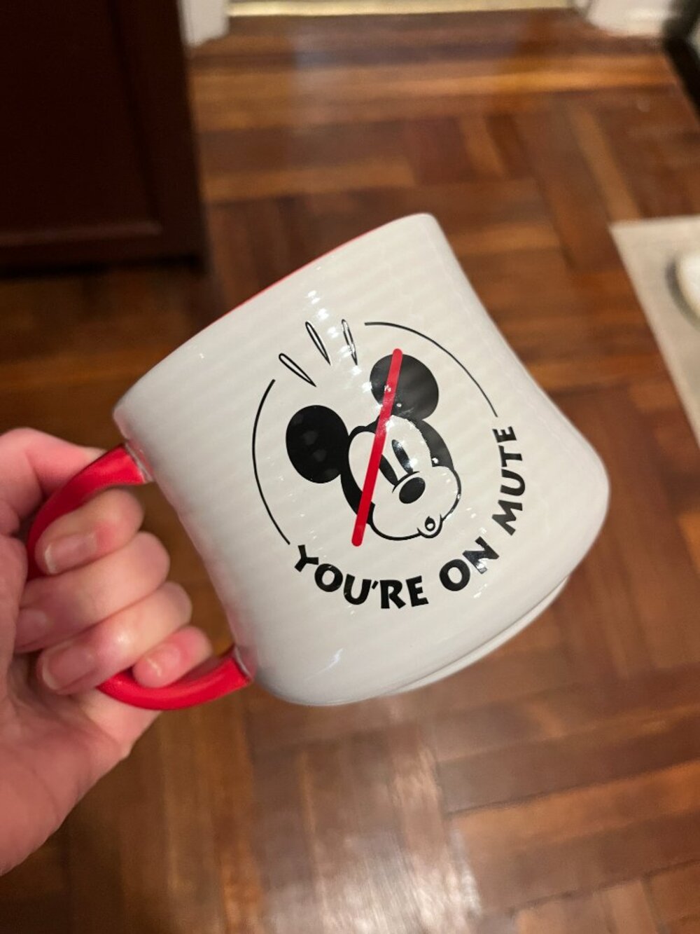 Disney Mickey Mouse You're on Mute Coffee Mug White Red Handle